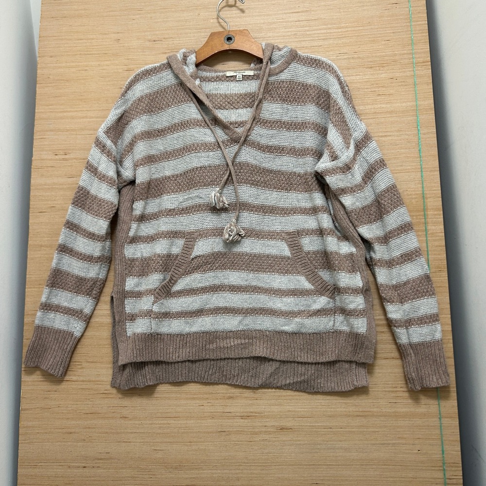 Madewell Striped Knit Hoodie Sweater Tan Cream V-Neck Tassel XS